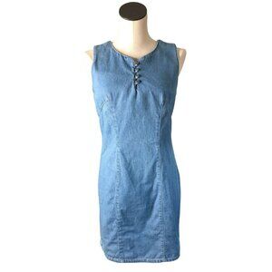 Ivey Jean Dress Blue Denim Women 8 Keyhole Back Slimming Sleeveless Straight